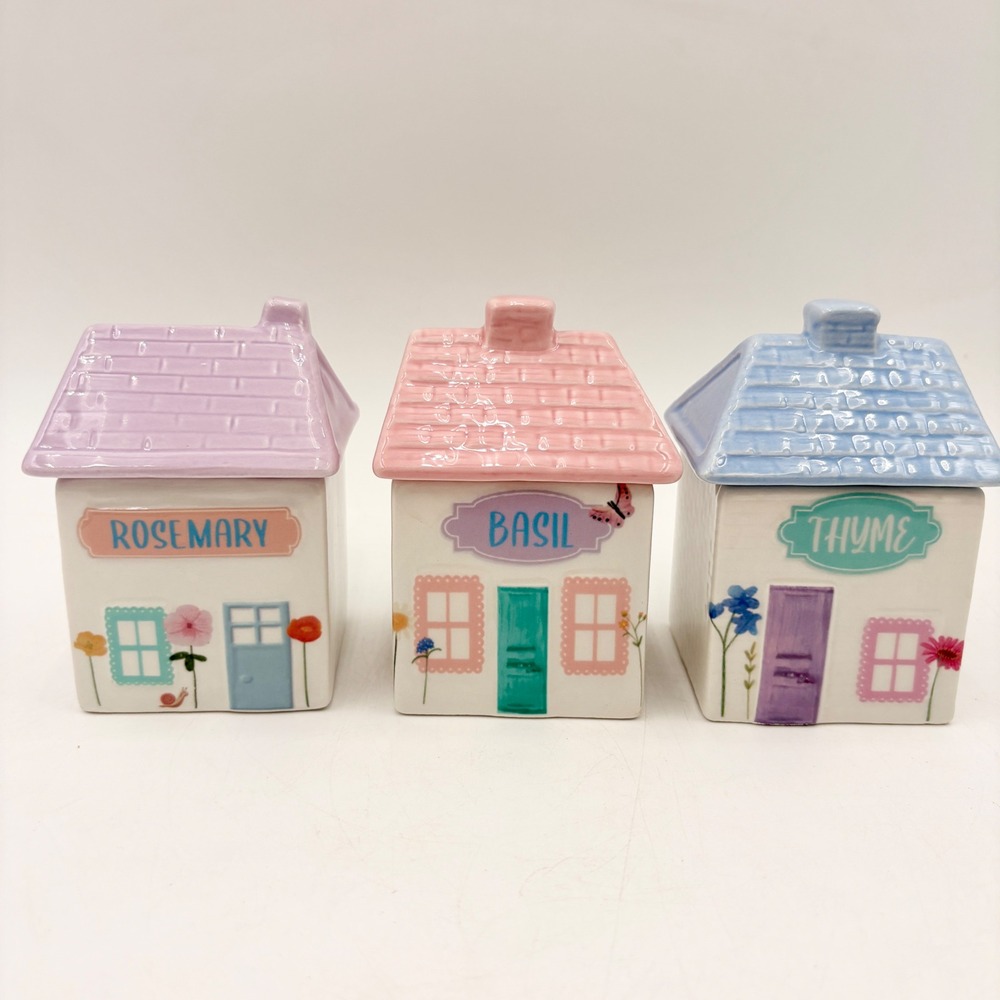 Ceramic Cottage Herb Spice Village Canister Set Rosemary Basil Thyme Pastel